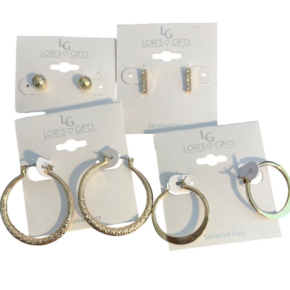 4 Pair Lori's Gift Gold Tone Earrings Hoops Studs Rhinestones Sensitive Ears NEW